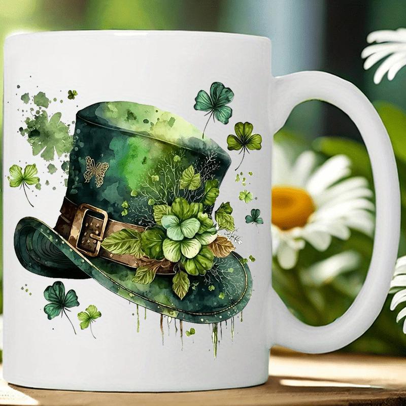 Tailorly White Ceramic 11 oz Mug - Artistic Watercolor St Patricks Day Green Clover Leaves With Golden Buckle Hat