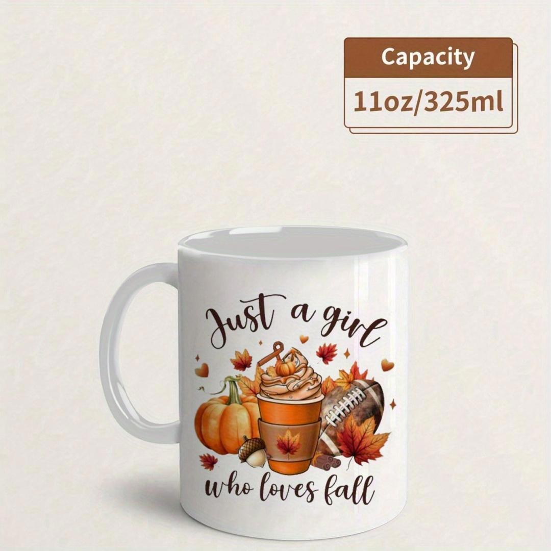 Tailorly White Ceramic 11 oz Mug - Just A Girl Who Loves Fall Whimsical Pumpkin Beside Frothy Latte Coffee Under Falling Orange Autumn Leaves Pumpkin