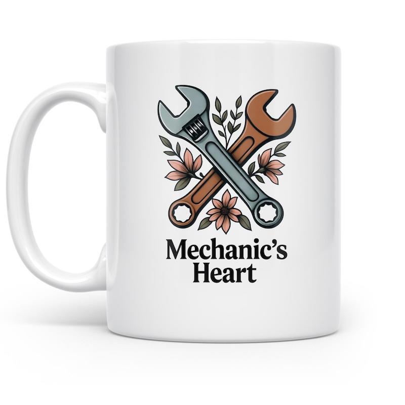 Tailorly White Ceramic 11 oz Mug - Mechanic's Heart Vintage Industrial Crossed Tools Surrounded By Delicate Botanical Floral Accents Wrench