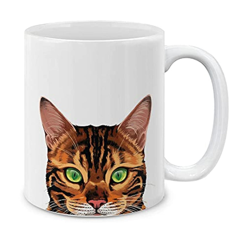 Tailorly White Ceramic 11 oz Mug - Detailed Bengal Cat Portrait With Intense Green Eyes And Spotted Fur Cat