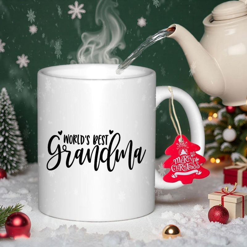 Tailorly White Ceramic 11 oz Mug - Worlds Best Grandma Simple Minimalist White Ceramic Drinkware With Small Heart Details Mug