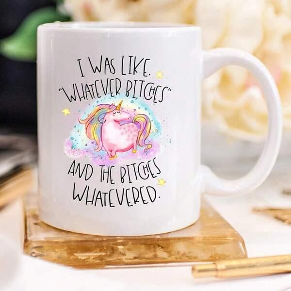 Tailorly White Ceramic 11 oz Mug - I Was Like Whatever Bitches And The Bitches Whatevered Magical Chubby Rainbow Creature Resting Among Soft Pastel Clouds And