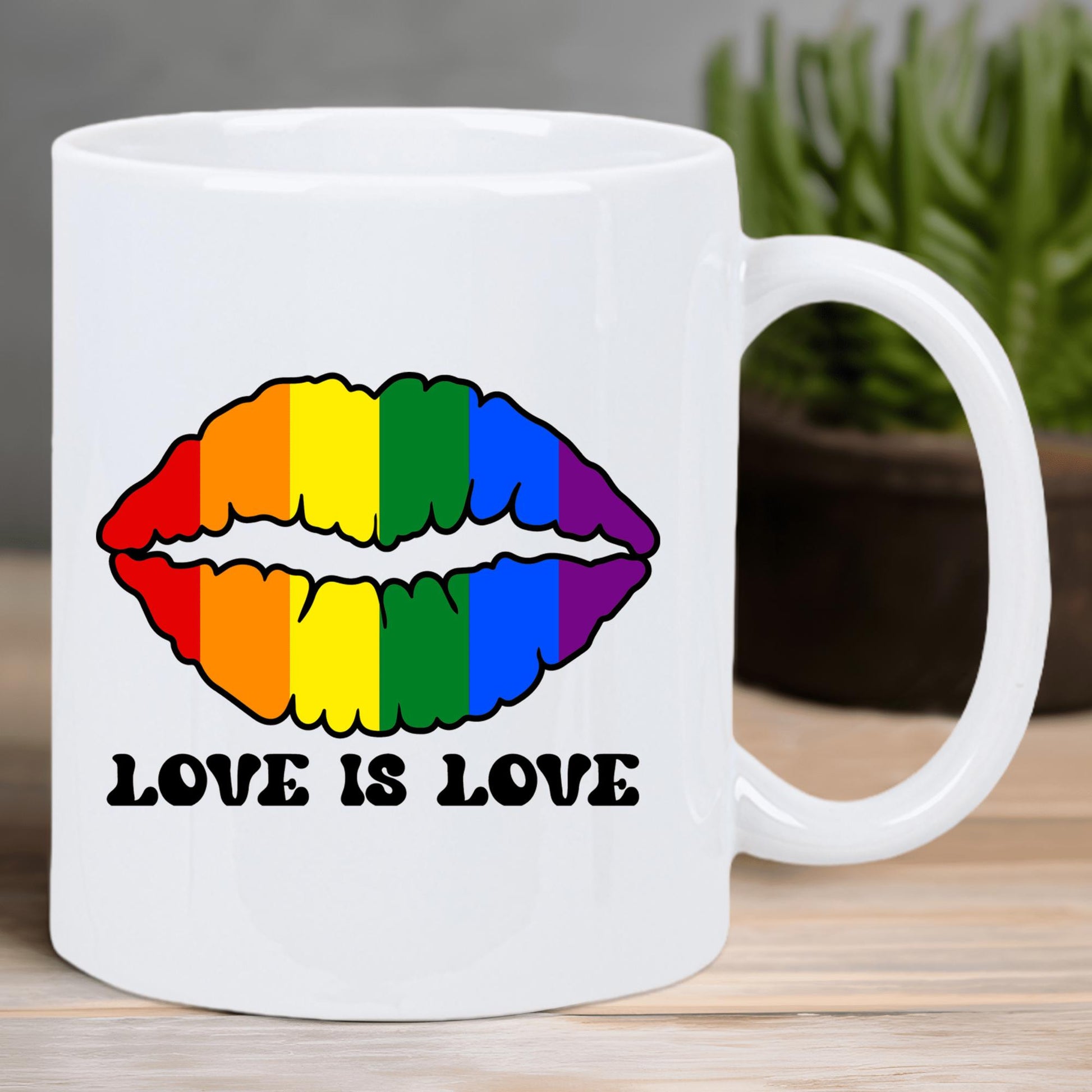 Tailorly White Ceramic 11 oz Mug - Love Is Love Vibrant Rainbow Stripes Filling A Set Of Human Lips