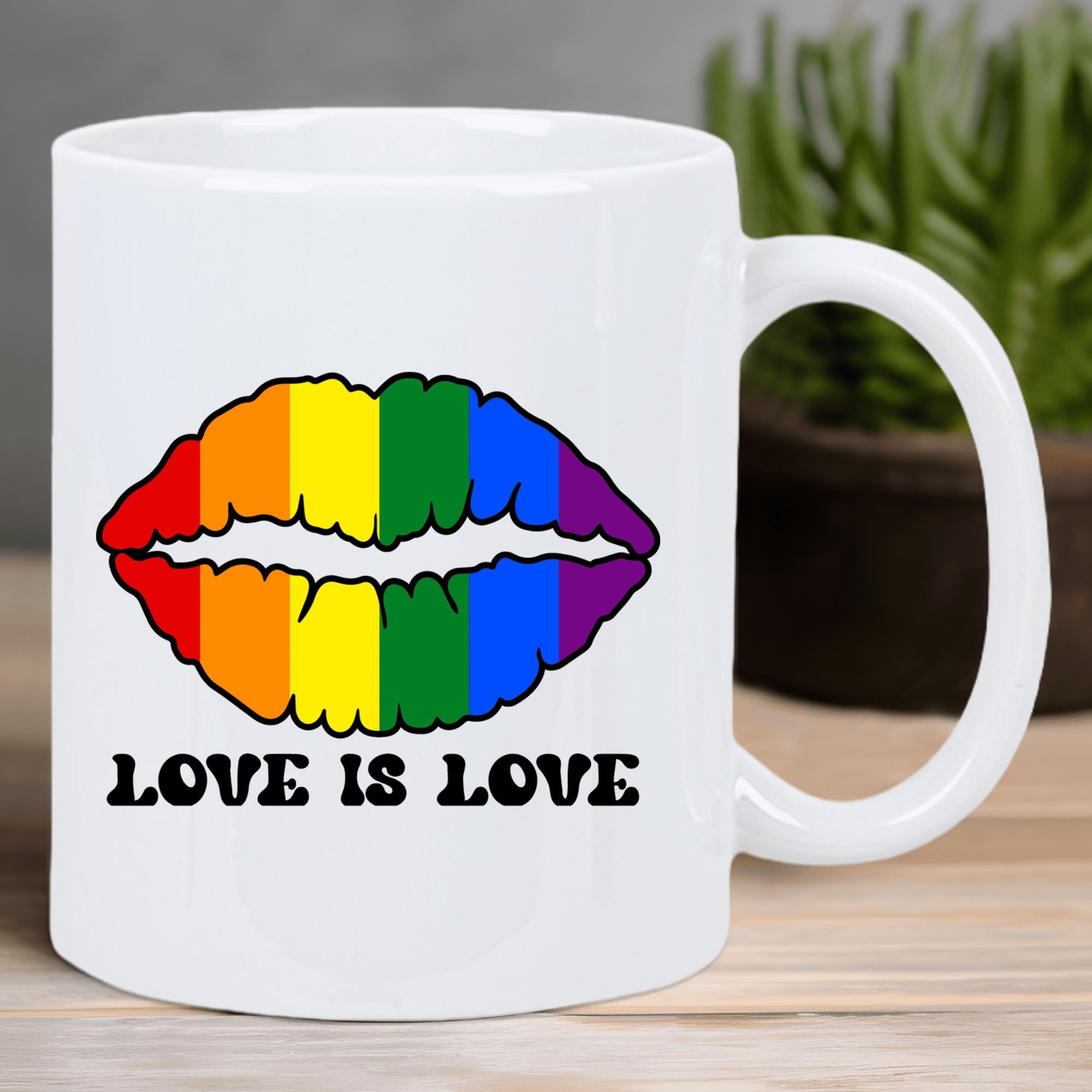 Tailorly White Ceramic 11 oz Mug - Love Is Love Vibrant Rainbow Stripes Filling A Set Of Human Lips