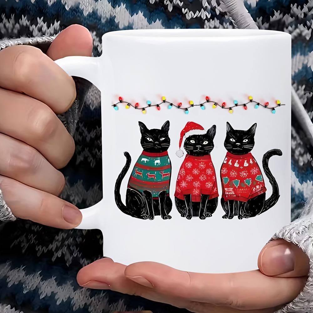 Tailorly White Ceramic 11 oz Mug - Festive Black Cats Wearing Ugly Sweaters Under Colorful Holiday Lights Cats