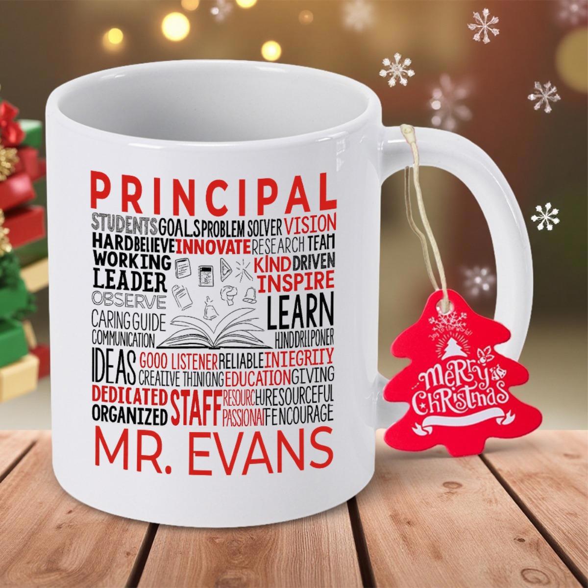 Tailorly White Ceramic 11 oz Mug - Principal Mr Evans Typography Arranged Into Educational Word Cloud Around A Simple Open Book
