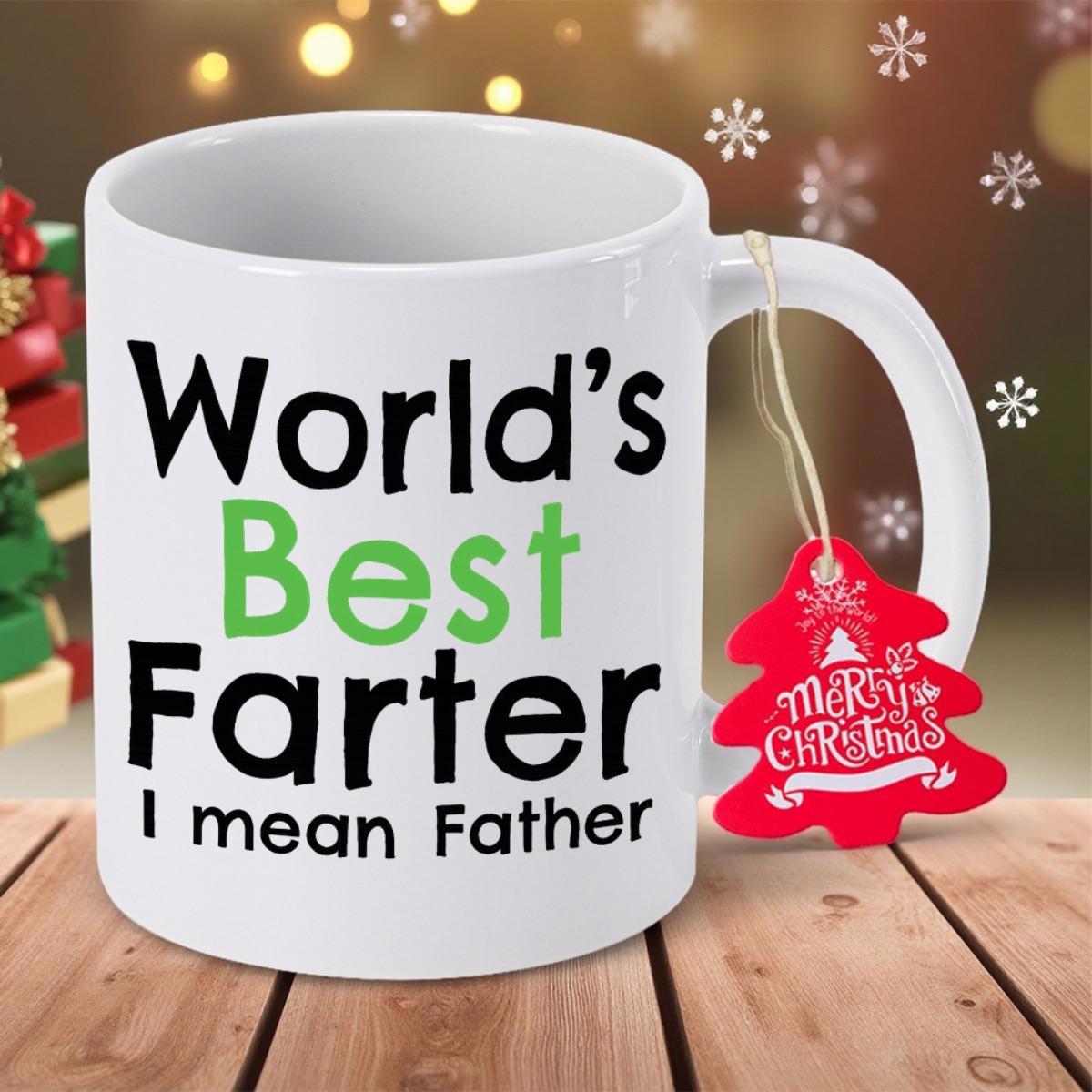 Tailorly White Ceramic 11 oz Mug - Worlds Best Farter I Mean Father Simple White Ceramic Vessel Resting On Rustic Wooden Surface Mug