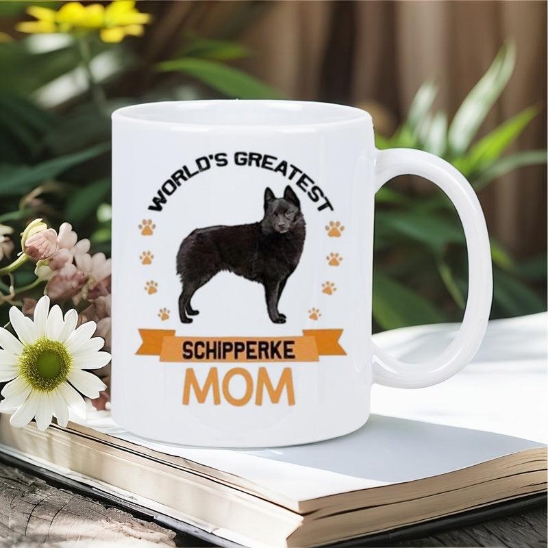 Tailorly White Ceramic 11 oz Mug - Worlds Greatest Schipperke Mom Elegant Standing Black Schipperke Dog Among Delicate Brown Paw Prints Schipperke