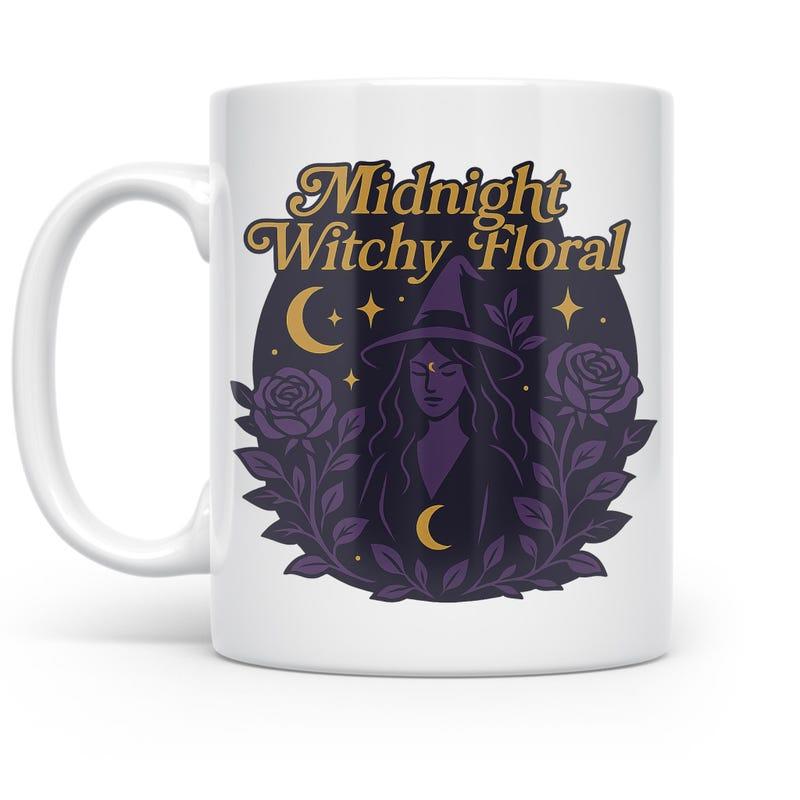 Tailorly White Ceramic 11 oz Mug - Midnight Witchy Floral Mysterious Crescent Moon Among Dark Purple Roses And Stars Witch