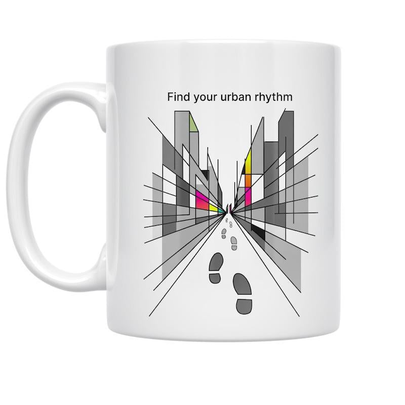 Tailorly White Ceramic 11 oz Mug - Find Your Urban Rhythm Modern Geometric Skyline With Abstract Buildings And Footprints Leading Toward Horizon Cityscape