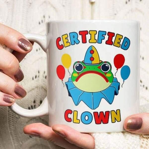 Tailorly White Ceramic 11 oz Mug - Certified Clown Colorful Cartoon Character With Ruffled Collar And Bright Party Balloons Frog