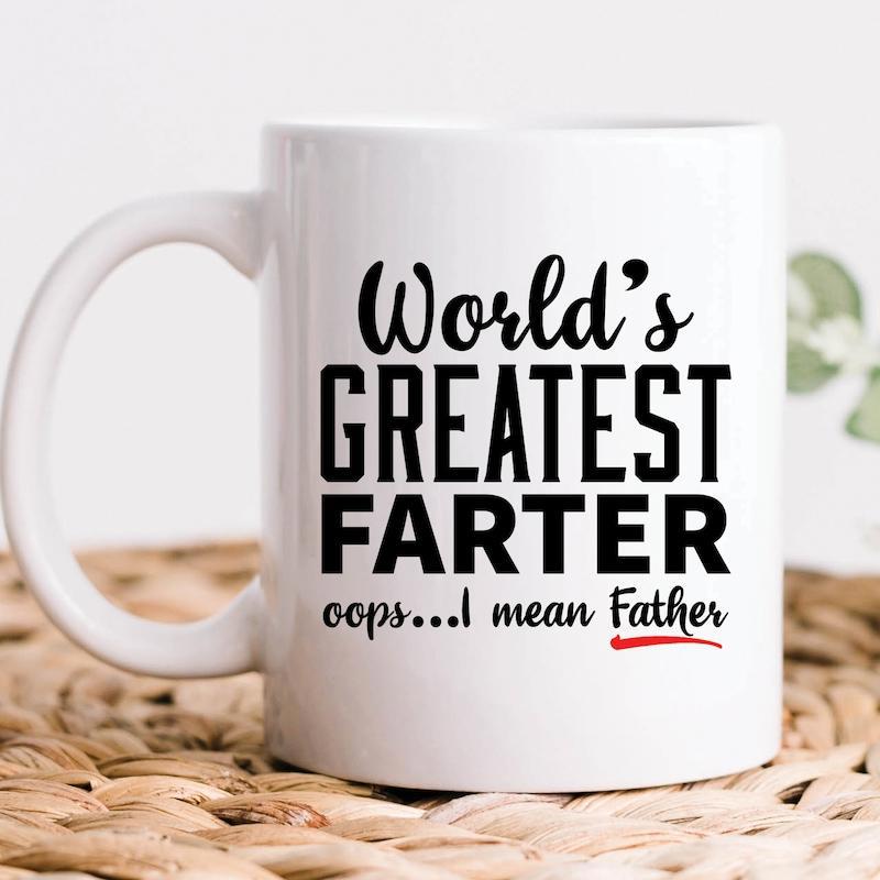 Tailorly White Ceramic 11 oz Mug - Worlds Greatest Farter Oops I Mean Father Minimalist Black Typography Featuring Humorous Quote For Dads With Red Accent Father