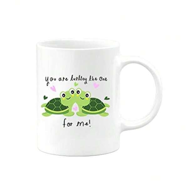 Tailorly White Ceramic 11 oz Mug - You Are Turtley The One For Me Two Adorable Green Cartoon Turtles Facing Each Other With Pink Hearts Turtle