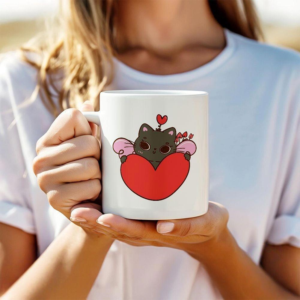 Tailorly White Ceramic 11 oz Mug - Adorable Little Cartoon Black Kitten Holding A Large Vibrant Red Heart Cat