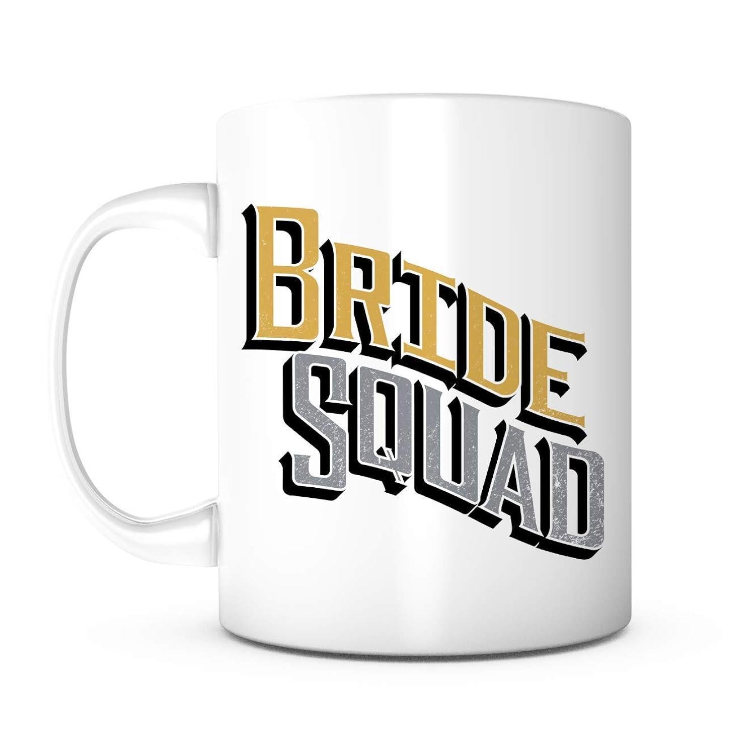 Tailorly White Ceramic 11 oz Mug - Bride Squad Bold Stylized Vintage Typography With Gold And Silver Accents Lettering