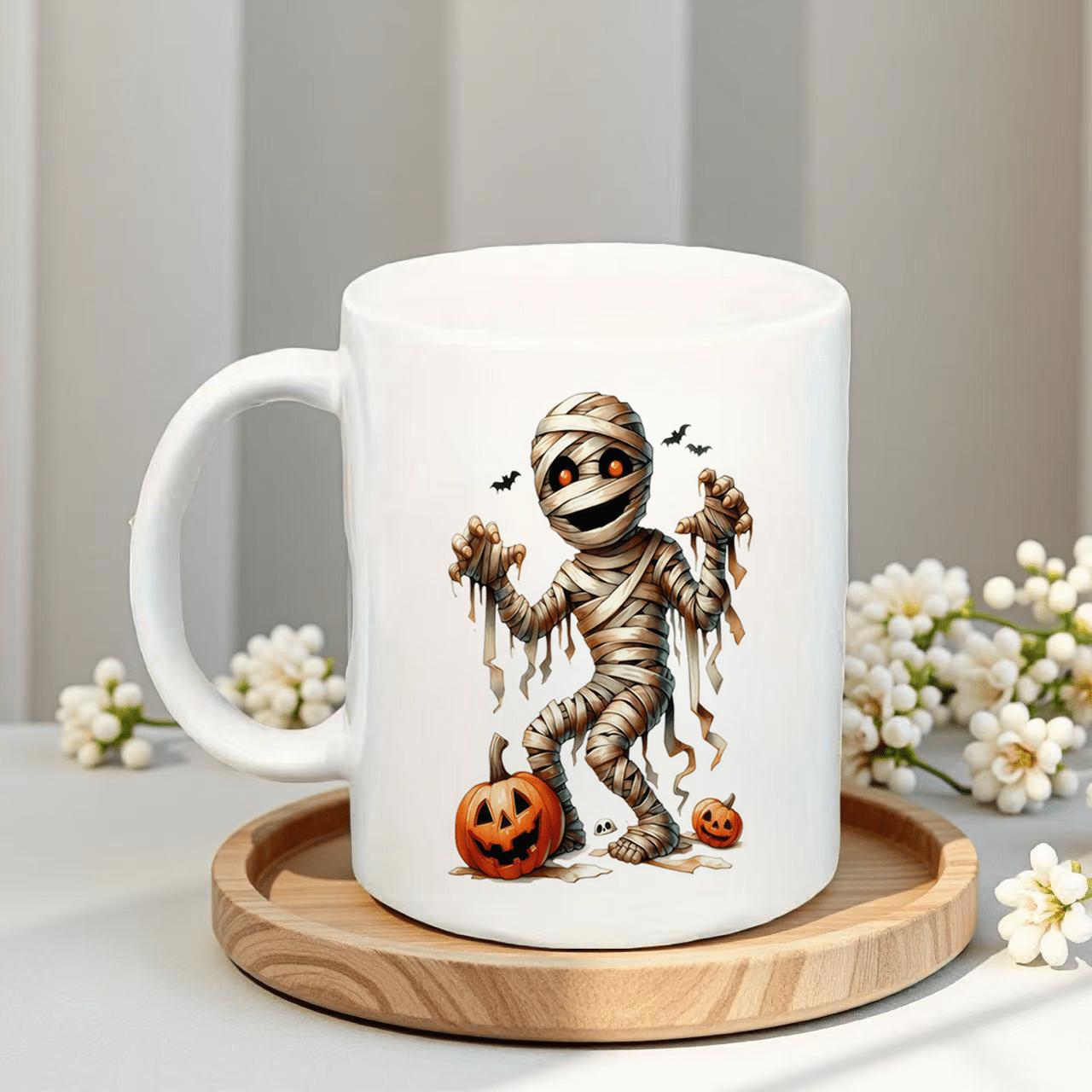 Tailorly White Ceramic 11 oz Mug - Spooky Animated Halloween Character Dancing With Flying Bats And Glowing Pumpkin Mummy