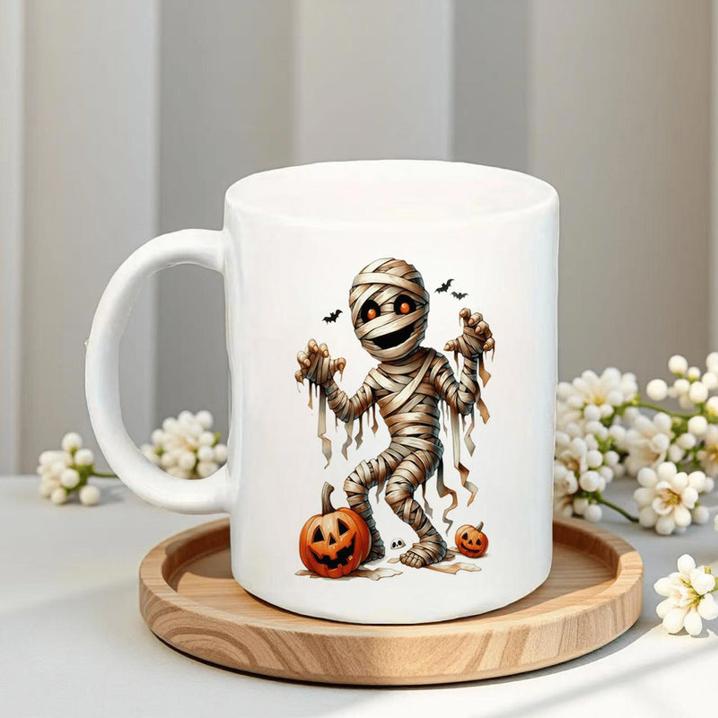 Tailorly White Ceramic 11 oz Mug - Spooky Animated Halloween Character Dancing With Flying Bats And Glowing Pumpkin Mummy