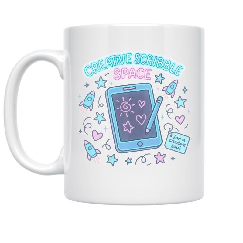 Tailorly White Ceramic 11 oz Mug - Creative Scribble Space For A Creative Soul Whimsical Pastel Digital Drawing Board With Floating Stars And Rockets Tablet