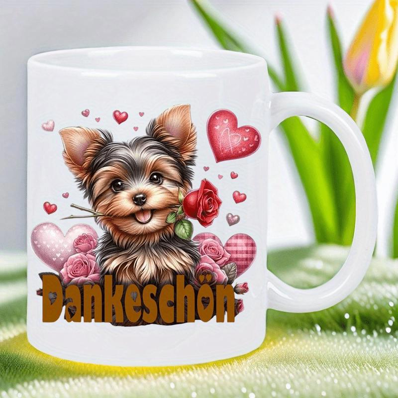 Tailorly White Ceramic 11 oz Mug - Adorable Yorkie Puppy Holding A Rose Surrounded By Pink Hearts Yorkie