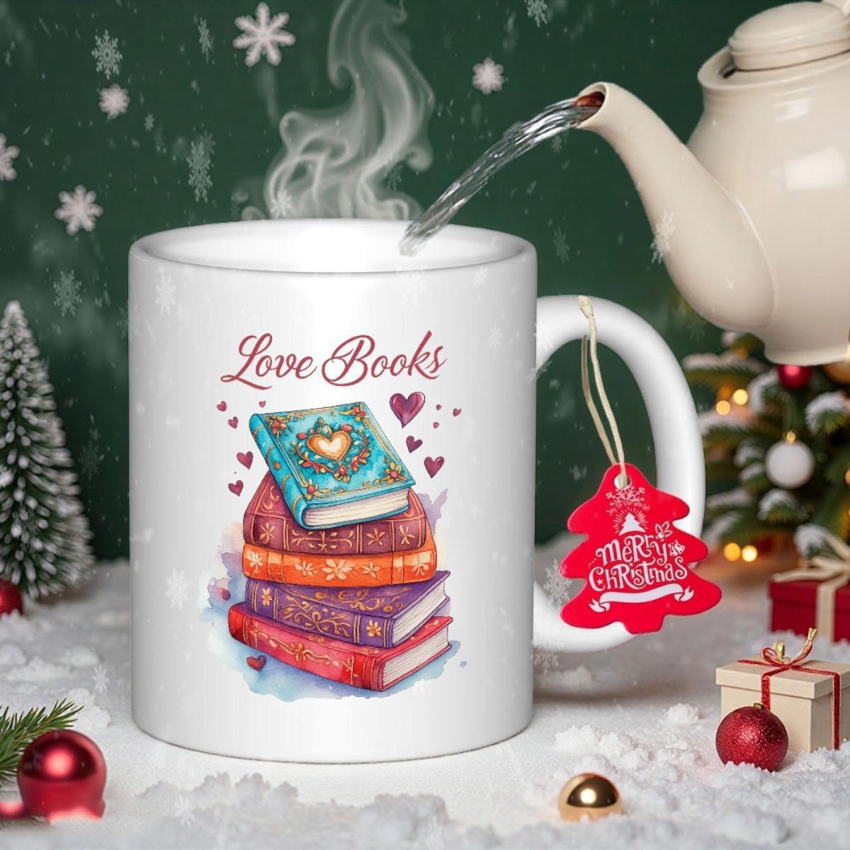 Tailorly White Ceramic 11 oz Mug - Love Books Colorful Stacked Volumes Decorated With Tiny Hearts Under Cozy Atmosphere Books