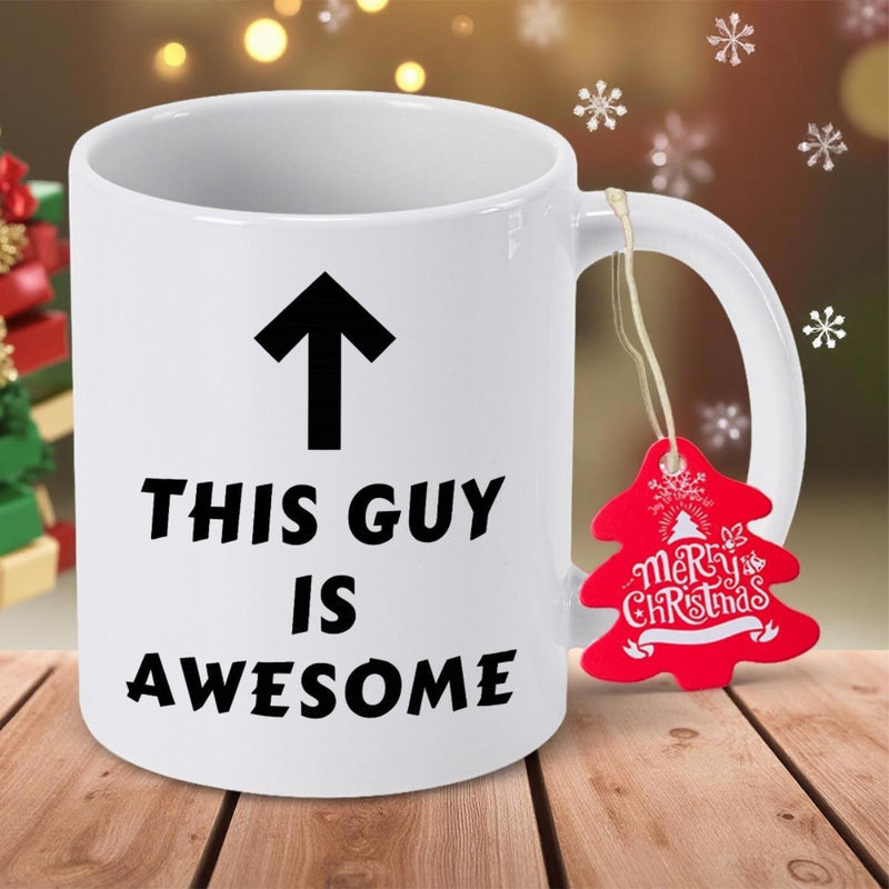 Tailorly White Ceramic 11 oz Mug - This Guy Is Awesome Bold Black Arrow Pointing Upwards In A Minimalist Style Mug