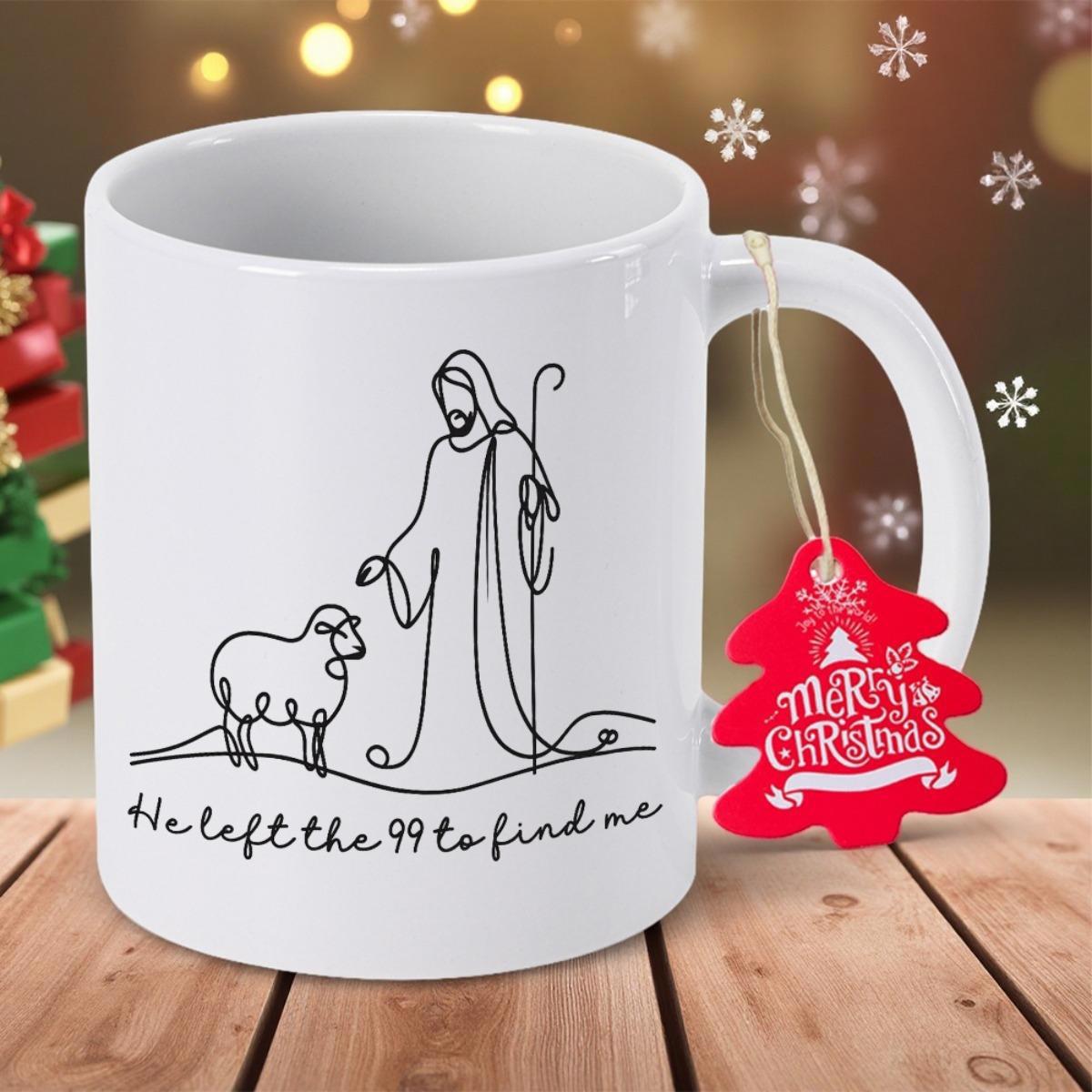 Tailorly White Ceramic 11 oz Mug - He Left The 99 To Find Me Minimalist Black Line Art Depicting A Small Sheep Beside A Caring Shepherd