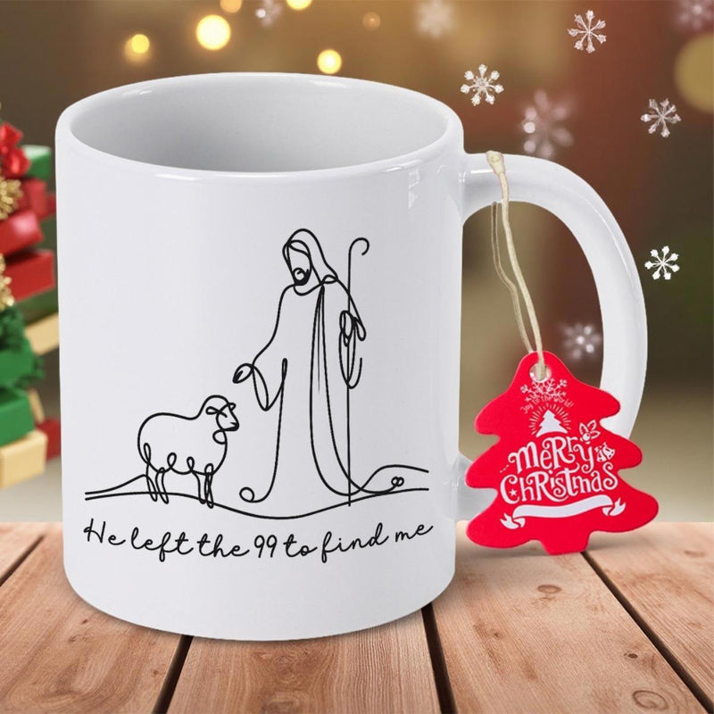 Tailorly White Ceramic 11 oz Mug - He Left The 99 To Find Me Minimalist Black Line Art Depicting A Small Sheep Beside A Caring Shepherd