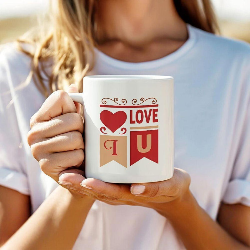 Tailorly White Ceramic 11 oz Mug - Love I U Decorative Swirls And Red Heart Over Hanging Pennant Banners On Ceramic Mug