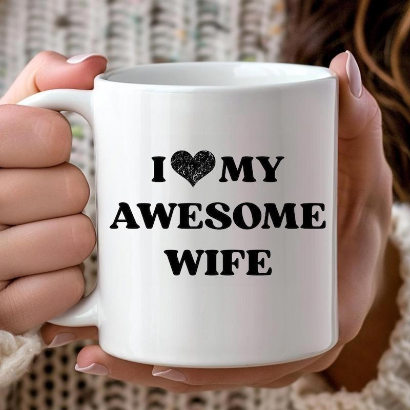 Tailorly White Ceramic 11 oz Mug - I My Awesome Wife Bold Black Serif Font With Textured Heart Design Centered Heart