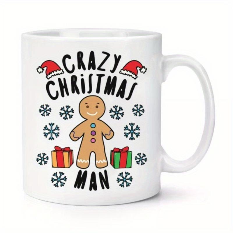 Tailorly White Ceramic 11 oz Mug - Crazy Christmas Man Festive Holiday Character With Santa Hats And Snowflakes Gingerbread Man