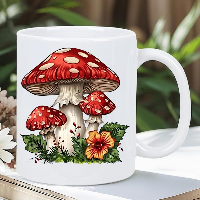Tailorly White Ceramic 11 oz Mug - Red Spotted Fungi Growing Among Vibrant Green Leaves And Orange Blossom Mushroom
