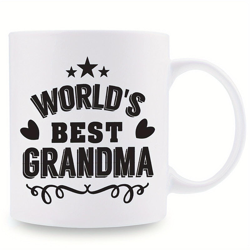 Tailorly White Ceramic 11 oz Mug - Worlds Best Grandma Featuring Three Shiny Stars And Hearts Among Swirl Ornament Grandma