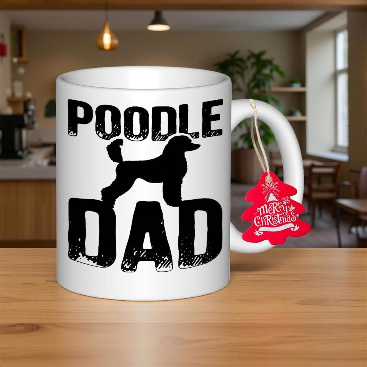 Tailorly White Ceramic 11 oz Mug - Poodle Dad Minimalist Black Silhouette Standing Proudly With Textured Classic Groomed Fur Poodle