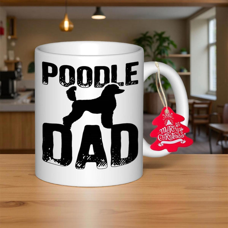 Tailorly White Ceramic 11 oz Mug - Poodle Dad Minimalist Black Silhouette Standing Proudly With Textured Classic Groomed Fur Poodle