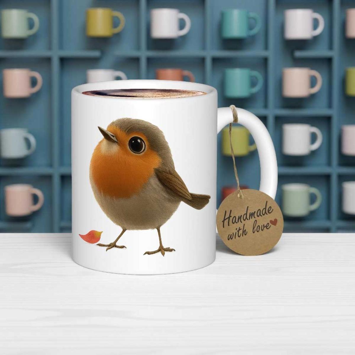 Tailorly White Ceramic 11 oz Mug - Handmade With Love Cute Fluffy Round Red Breast Bird Standing On White Ground Robin