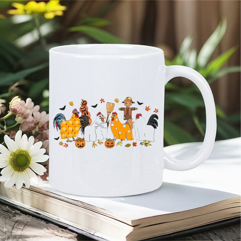 Tailorly White Ceramic 11 oz Mug - Festive Halloween Chickens Wearing Cute Costumes Among Seasonal Autumn Leaves Rooster