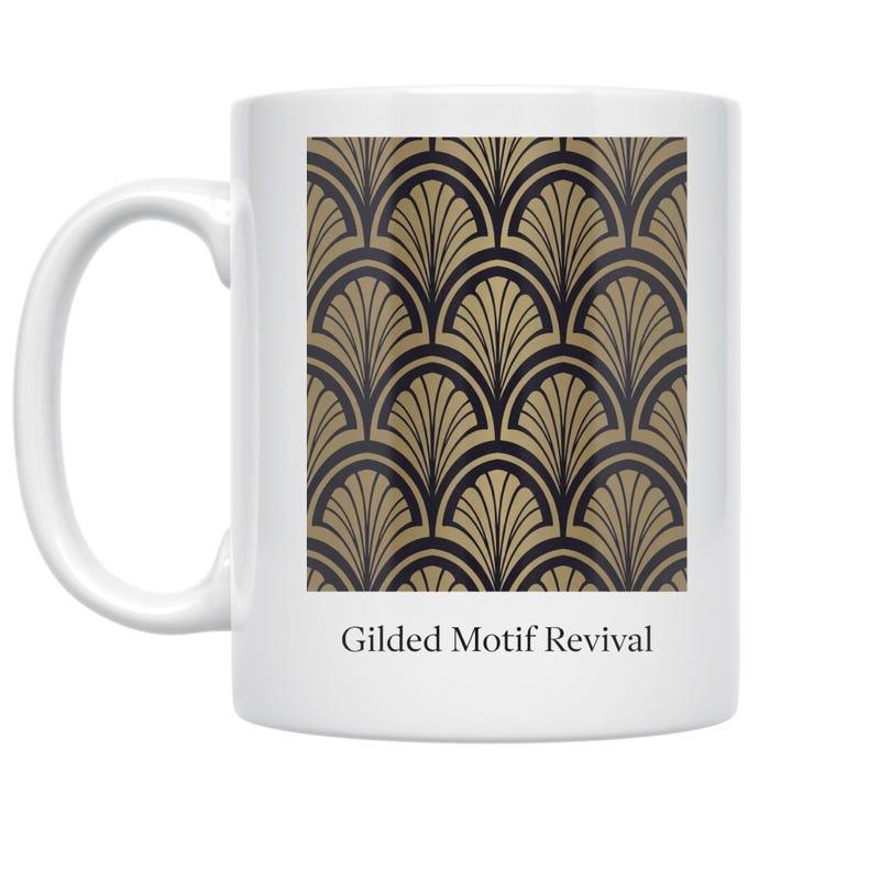 Tailorly White Ceramic 11 oz Mug - Gilded Motif Revival Ornate Gold Scalloped Pattern Creating Classic Art Deco Style Visuals Mug