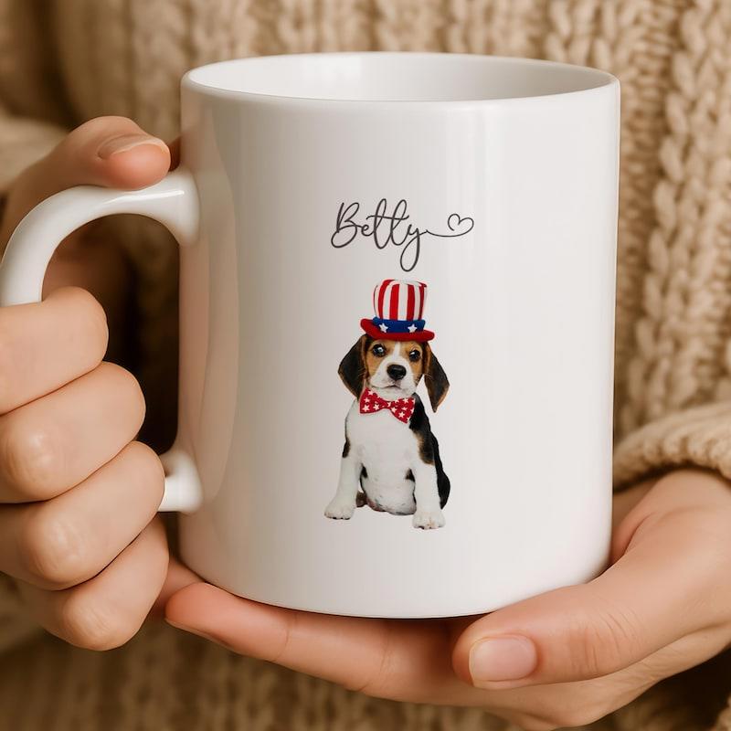 Tailorly White Ceramic 11 oz Mug - Betty Cute Patriotic Puppy Wearing Uncle Sam Hat And Polka Dot Bowtie Beagle