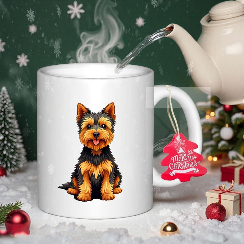 Tailorly White Ceramic 11 oz Mug - Merry Christmas Cute Sitting Fluffy Yorkshire Terrier Puppy Among Festive Christmas Holiday Ornaments Dog