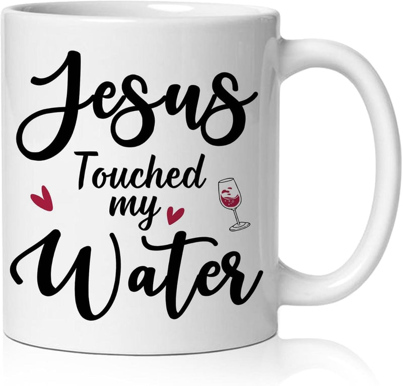 Tailorly White Ceramic 11 oz Mug - Jesus Touched My Water Minimalist Script Lettering Surrounded By Small Red Hearts And Wine Glass Sign