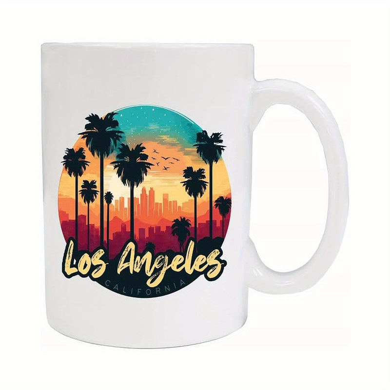 Tailorly White Ceramic 11 oz Mug - Los Angeles Vibrant Retro Sunset Behind Silhouette Of Tropical Palms And Skyline