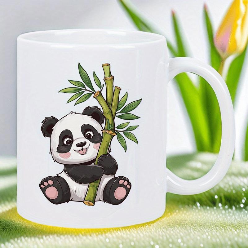 Tailorly White Ceramic 11 oz Mug - Adorable Black And White Animal Holding Green Stalk Among Fresh Leaves Panda