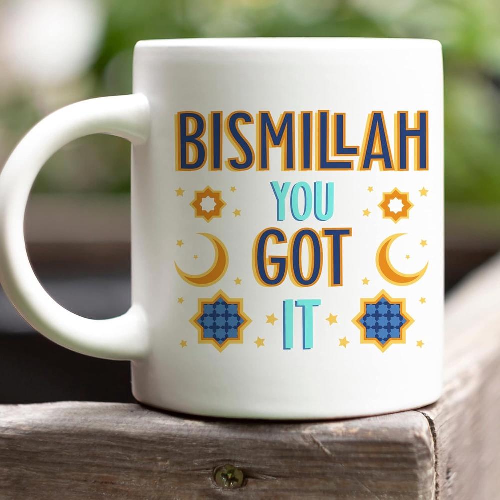 Tailorly White Ceramic 11 oz Mug - Bismillah You Got It Minimalist Radiant Golden Crescent Moons And Intricate Blue Geometric Stars Moon