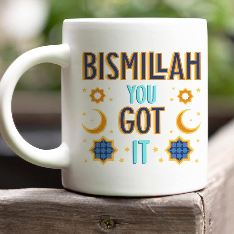 Tailorly White Ceramic 11 oz Mug - Bismillah You Got It Minimalist Radiant Golden Crescent Moons And Intricate Blue Geometric Stars Moon