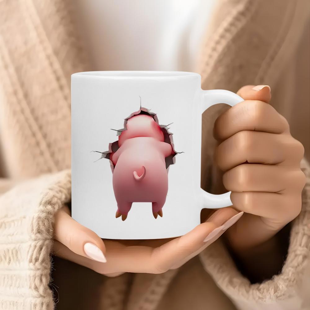 Tailorly White Ceramic 11 oz Mug - Cute Pink Cartoon Animal Breaking Through White Ceramic Wall Surface Pig