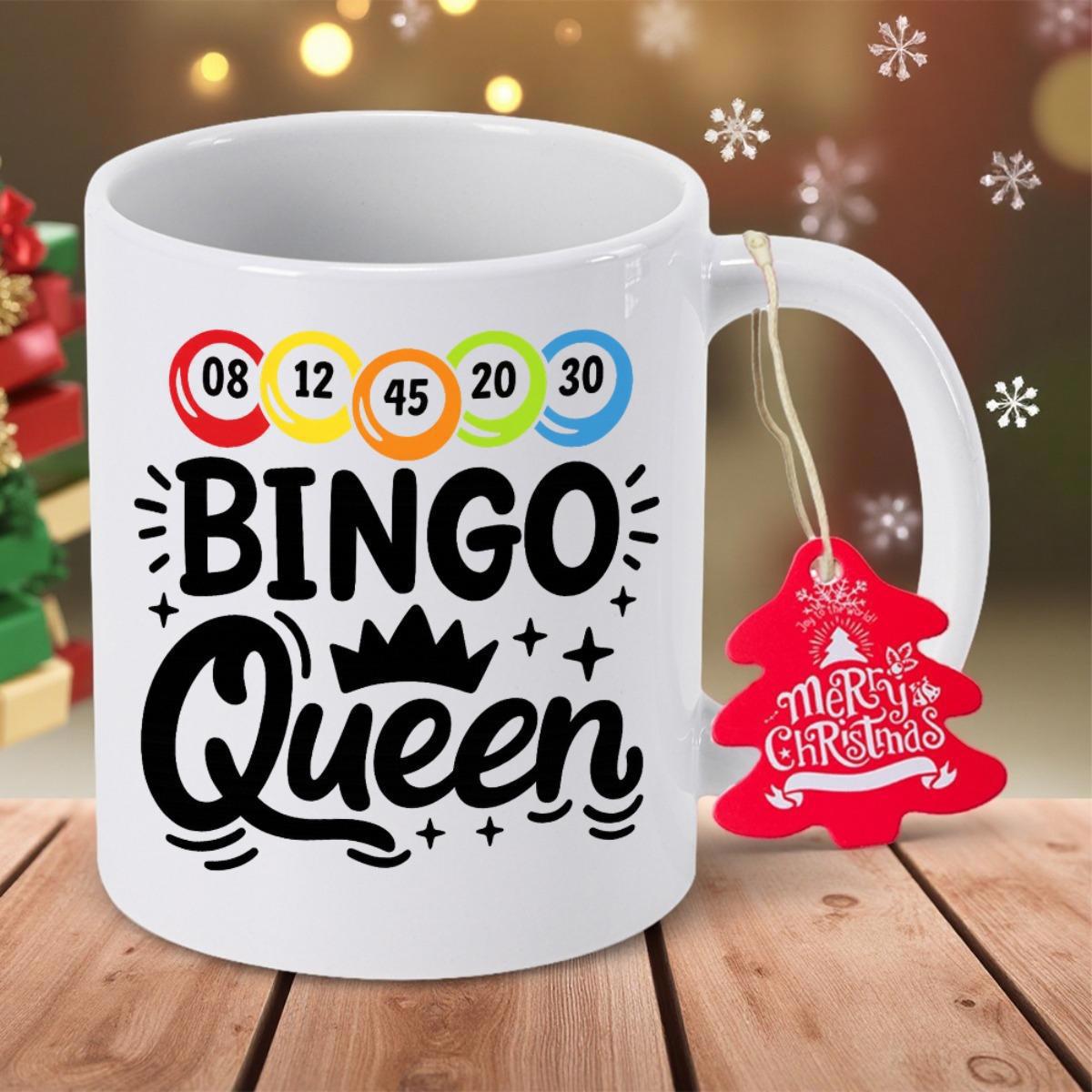 Tailorly White Ceramic 11 oz Mug - Bingo Queen Colorful Numbered Balls And Sparkles With A Small Black Decorative Royal Crown