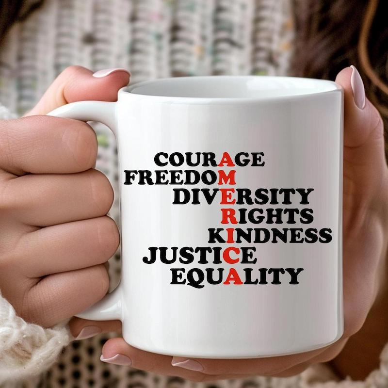 Tailorly White Ceramic 11 oz Mug - America Courage Freedom Diversity Rights Kindness Justice Equality Bold Black Text Arranged In An Acrostic Pattern Spelling Red