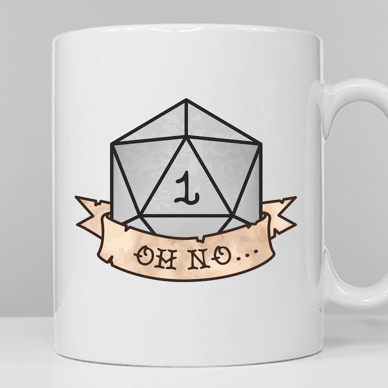 Tailorly White Ceramic 11 oz Mug - Oh No Twenty Sided Polyhedral Gaming Tool On Weathered Vintage Paper Ribbon Die