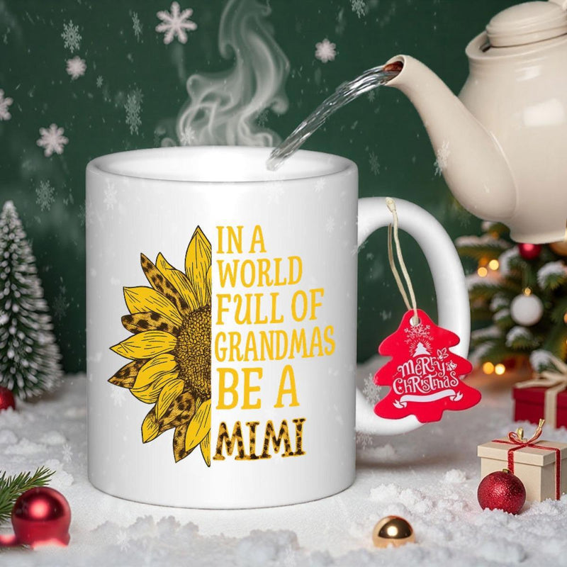 Tailorly White Ceramic 11 oz Mug - In A World Full Of Grandmas Be A Mimi Vibrant Artistic Sunflower With Decorative Leopard Print Patterns Sunflower