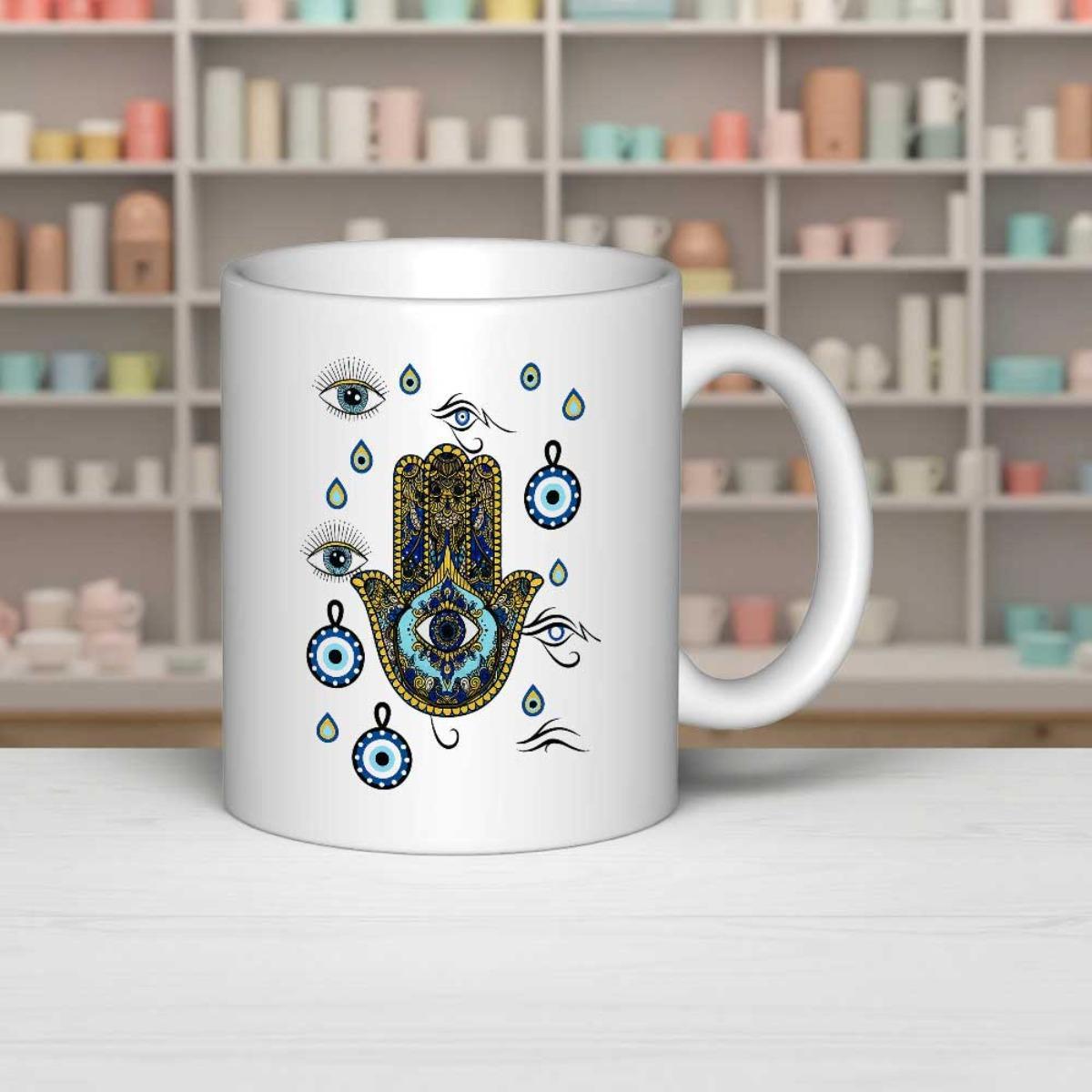 Tailorly White Ceramic 11 oz Mug - Intricate Spiritual Symbols Featuring Protective Evil Eye Motifs Within A Mystical Hamsa Hand